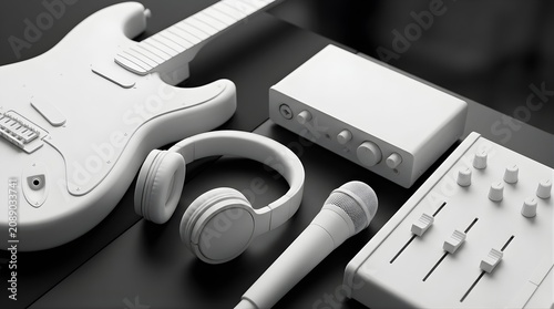 Top view of musical studio equipment including guitar headphones microphone and mixer in monochromatic white style