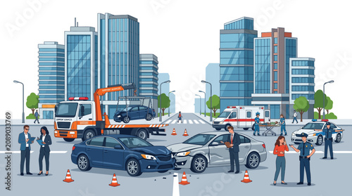 Car Accident Scene with Tow Truck, Ambulance, Police, and City Buildings
