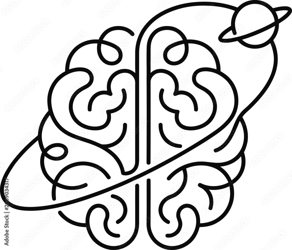 Fototapeta premium Minimalist outline illustration of a human brain orbited by a planet.