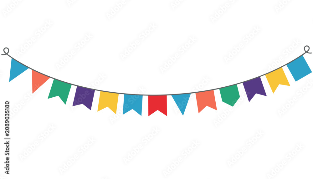 Obraz premium Festive colorful party bunting banner with triangular flags hangs in a soft curve against a clean white backdrop.