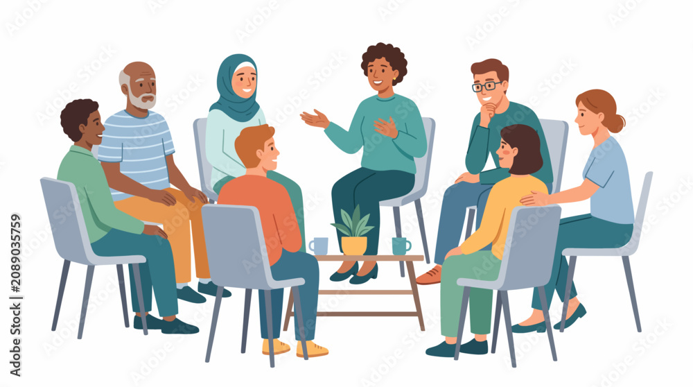 Obraz premium Community Gathering Circle: A diverse group of people, including individuals of different ages, ethnicities, and religious backgrounds, sit in a circle, engaged in conversation and shared listening.
