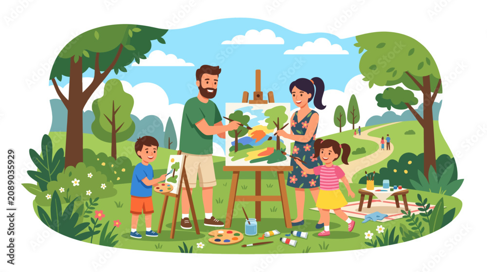 Naklejka premium Family Art Day in the Park: A joyful family enjoys a creative art session outdoors, with parents and children painting a picturesque landscape scene together amidst lush greenery and blooming flowers.