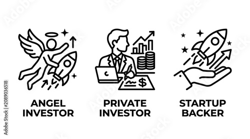 Set of business investment and startup support icons featuring angel investor and private capital concept investor business management strategy planning document investment commercial