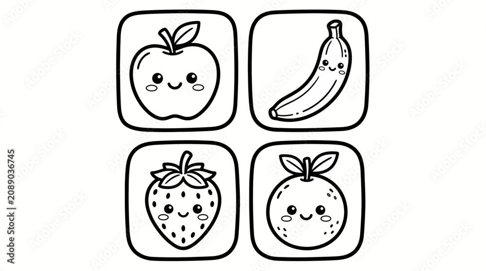 Fototapeta premium cute cartoon fruit icons set with smiling faces for kids stickers or coloring book