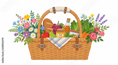 Abundant Picnic Basket: A charming woven picnic basket overflows with fresh produce, bread, and honey, adorned with vibrant wildflowers, inviting a delightful outdoor meal.
