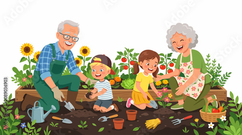 Generational Gardeners: A heartwarming illustration of grandparents and grandchildren bonding over gardening.