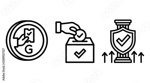 Governance and voting process line icon set featuring ballot casting and legal compliance governance election democracy compliance security politics government participation decision