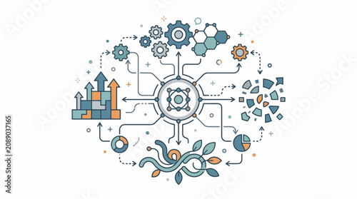 Abstract Data Flow: An intricate illustration depicts a central node connecting various abstract elements, symbolizing data processing, growth, and interconnected systems. Gears, rising charts.