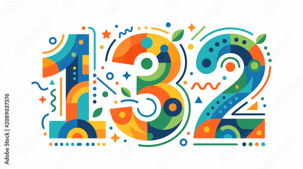 Obraz premium Colorful Number 132 Design: A vibrant and abstract artistic representation of the number 132, featuring a dynamic blend of geometric shapes, bold colors, and playful decorative elements.