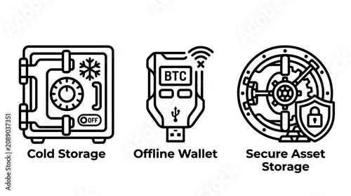 Crypto asset cold storage and secure wallet icons with security blockchain currency protection investment hardware encryption accounting transfer transaction financial technology business