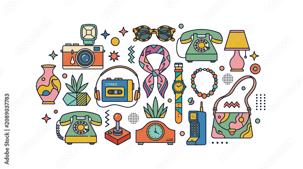 Naklejka premium Retro Vintage Objects Collection: Camera, Phone, Stereo, Sunglasses, Bag