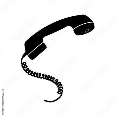 Black telephone icon, vintage phone symbol, retro communication device, corded handset silhouette
