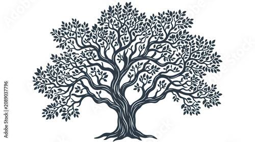 Canvas-taulu Stylized illustration of a large, sprawling oak tree with intricate branches and dark leaves