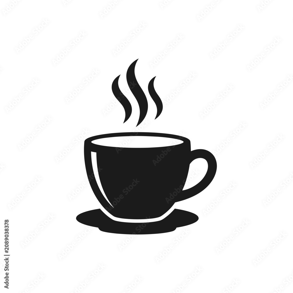 Fototapeta premium Steaming hot cup, coffee mug icon, black silhouette, vector graphic silhouette