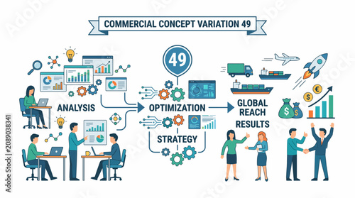 Commercial Concept Variation 49: A flowchart illustrating the progression from analysis and strategy to optimization and global reach, emphasizing business growth and success.