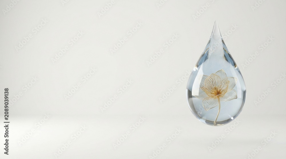 Fototapeta premium Clear glass water droplet with delicate flower seed inside on white background