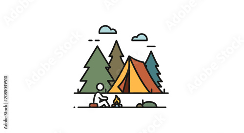Fotografija Colorful camping illustration with tent and trees.