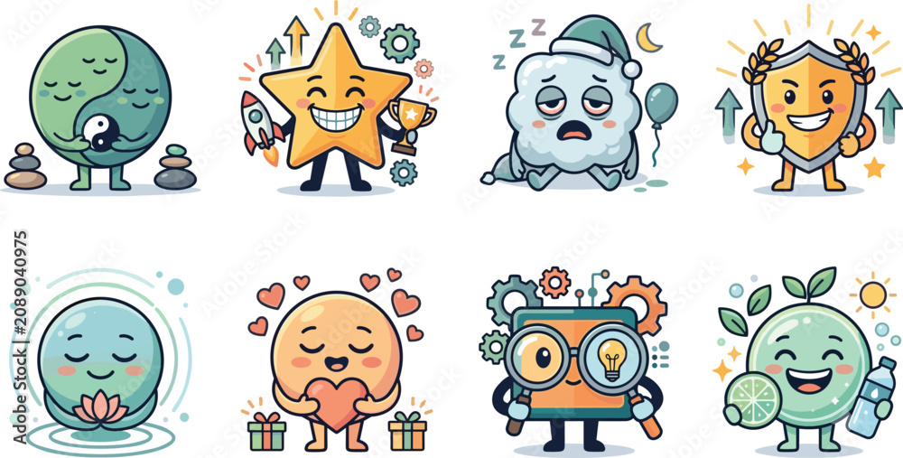 Obraz premium Cute Wellness Mascot Flat Illustration Set Featuring Mindfulness Motivation Health and Self Care Characters
