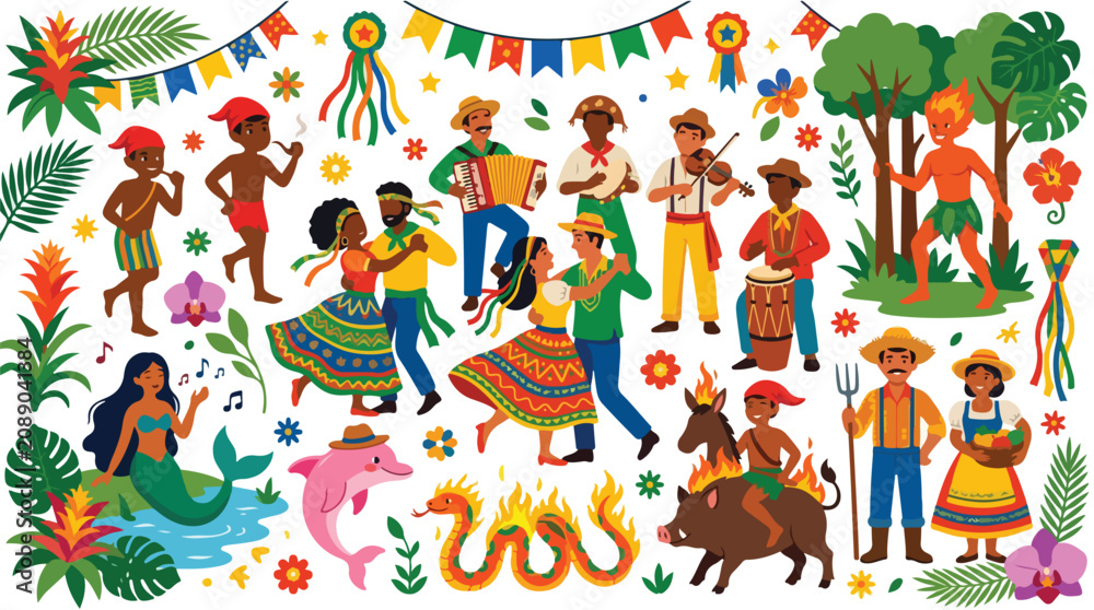 Fototapeta premium Vibrant Brazilian Festa Junina Celebration with Folk Characters Dancing Music and Nature Elements Festive Folkloric Scene