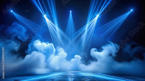 Abstract blue laser beams and searchlights pulsing through swirling white smoke 