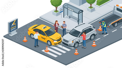 Car Accident Scene with Damaged Vehicles, Tow Truck, and People