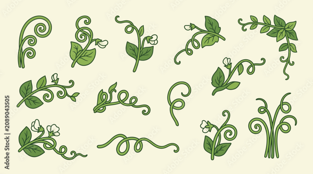 Fototapeta premium Decorative green vine and tendril illustration set with leaves and flowers