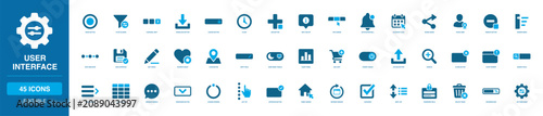 User Interface Solid Icon Set with radio button, filter sliders, carousel next, download button, locked button, calendar click, share nodes, chart panel, search field and progress bar