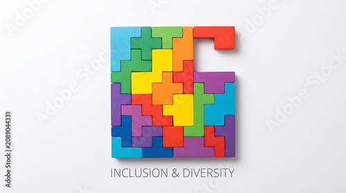 Colorful Wooden Blocks Puzzle Forming Square Representing Inclusion and Diversity Concept