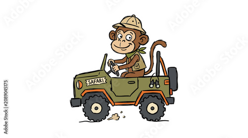 Canvas Print Cartoon Monkey Driving a Safari Jeep