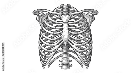 фотографія Anatomical drawing of human rib cage and sternum, isolated on white background