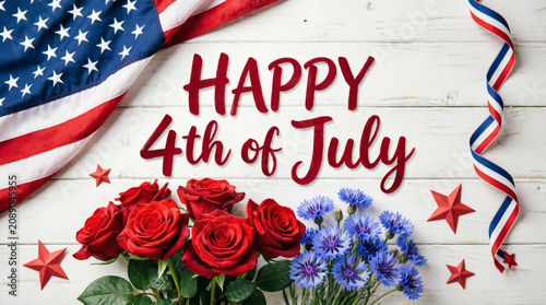 Patriotic Happy Fourth of July sign with American flag ribbon flowers stars celebrating freedom.