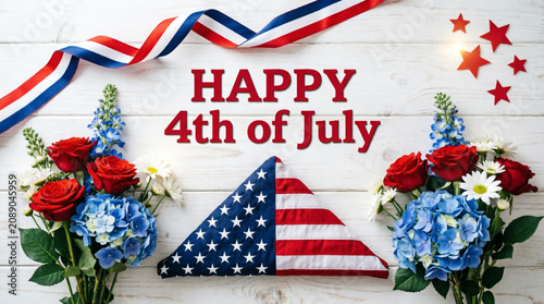 Patriotic Happy Fourth of July sign with American flag ribbon flowers stars celebrating freedom.