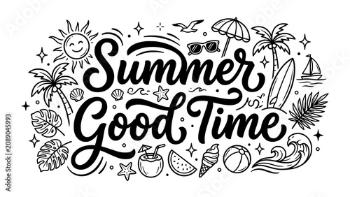 Foto Summer good time hand drawn lettering quote with tropical beach icons illustrati