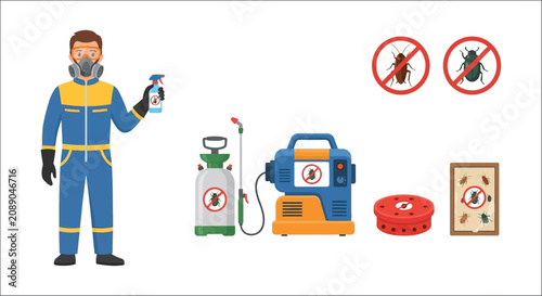 Bild auf Leinwand Pest control equipment and worker illustration flat vector graphic