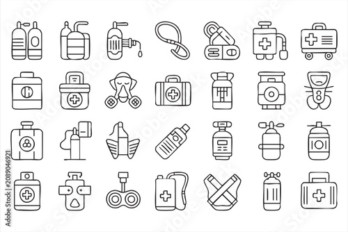 Bild auf Leinwand First Aid Supplies and Oxygen Therapy Line Icons for Medical Projects