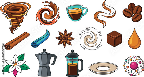Fotografía Specialty coffee flavors and brewing asset set featuring moka pot french press s