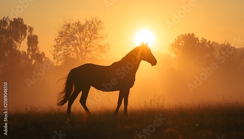 Beautiful Arabian Horse Silhouette at Sunrise with Morning Sunlight Shining Through Mist and Trees in a Serene Countryside Landscape