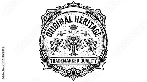 Foto Vintage Emblem with Lions, Tree, Crown, and Original Heritage Text