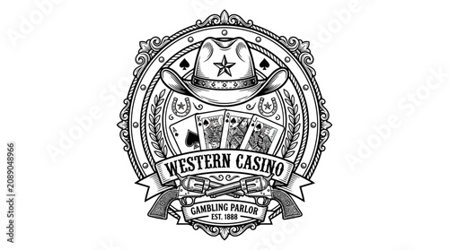 Foto Western Casino Emblem Cowboy Hat Playing Cards Revolver Horsehoe Vintage Style