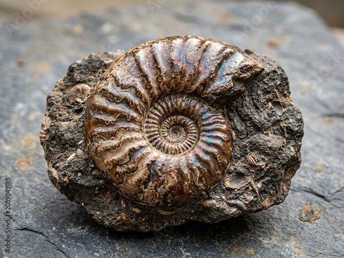 Closeup of a beautiful iridescent ammonite fossil embedded in a dark grey rock matrix, showcasing intricate spiral patterns and geological texture