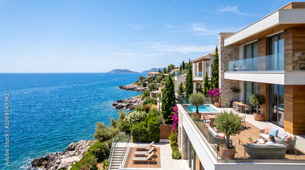 Fototapeta premium Mediterranean Cliffside Villa with Terrace and Sea View
