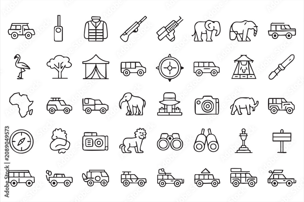 Fototapeta premium Safari Expedition Outline Icons with Elephant, Lion, Jeep, and Camping Equipment