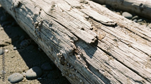 Cuadro en lienzo Close up of weathered driftwood with barnacles on sandy beach at low tide