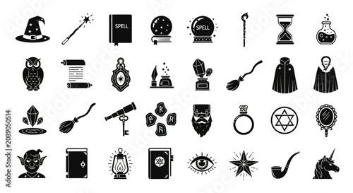 Konstfotografi Magic and wizardry icons featuring fantasy items and creatures