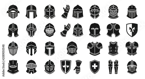 Photos Medieval knight armor set including helmets shields and gauntlets