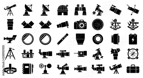 Cuadro en lienzo Stargazing and professional astronomy equipment icons set