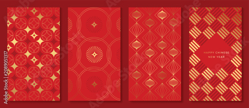 Happy Chinese New Year abstract vector greeting card templates set. Red and gold lunar holiday posters with fan shapes, geometric ornaments, scallop patterns and decorative backgrounds