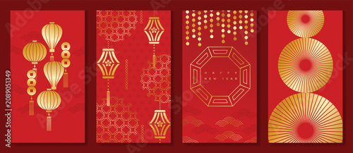 Happy Chinese New Year abstract vector greeting card templates set. Red and gold lunar holiday posters with fan shapes, geometric ornaments, scallop patterns and decorative backgrounds