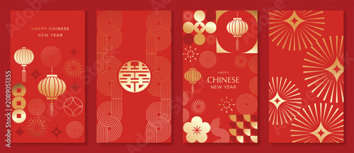 Happy Chinese New Year abstract vector greeting card templates set. Red and gold lunar holiday posters with fan shapes, geometric ornaments, scallop patterns and decorative backgrounds