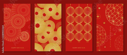 Happy Chinese New Year abstract vector greeting card templates set. Red and gold lunar holiday posters with fan shapes, geometric ornaments, scallop patterns and decorative backgrounds